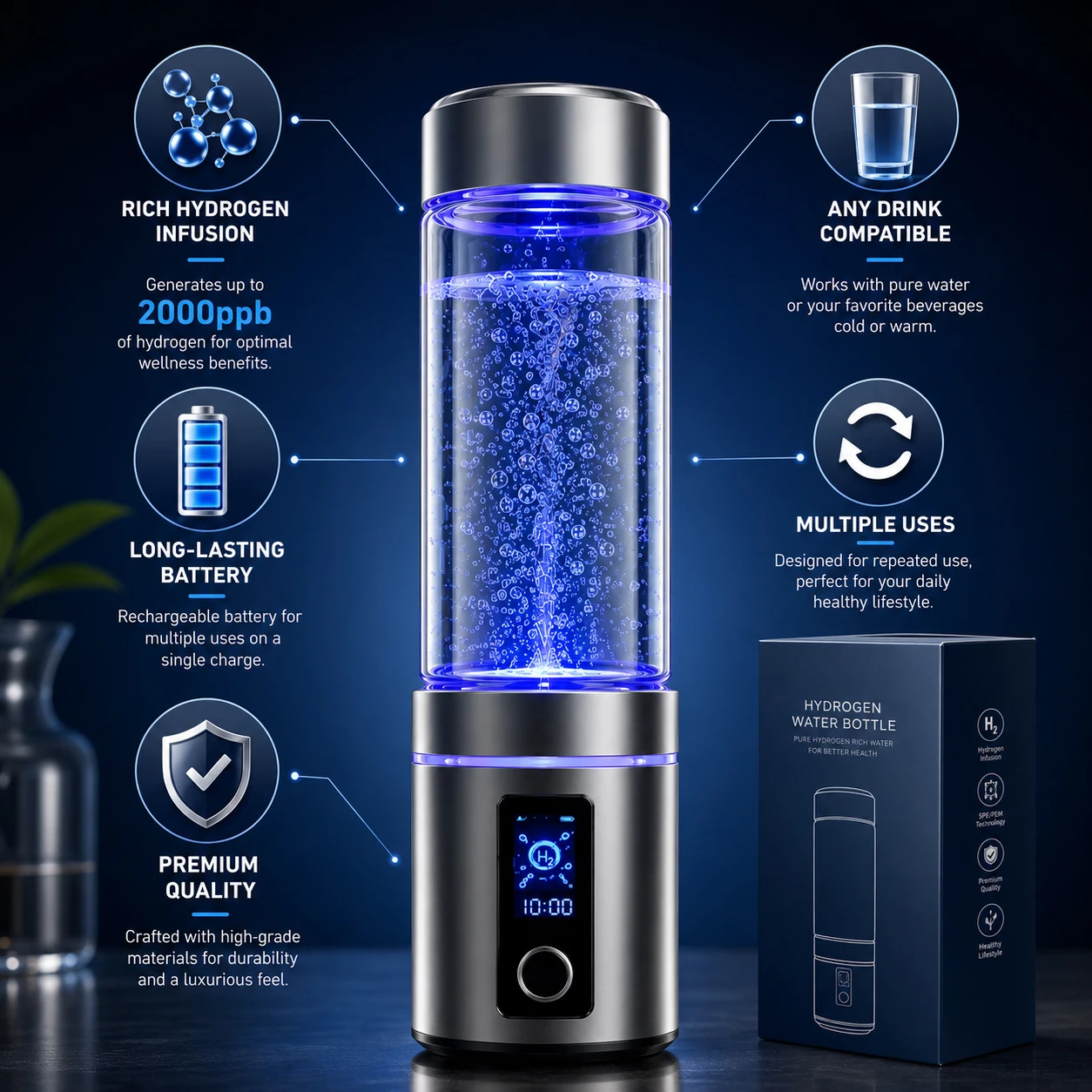 Smart 2000ppb LCD Screen Timer 3-Stage Multi Beverage Ceramic Infuser Portable Hydrogen Water Generator Bottle Maker Ionizer