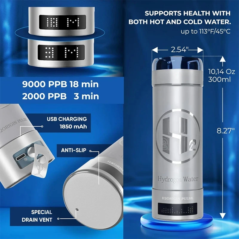9000 PPB Hydrogen Water Bottle Generator Portable 3-in-1 Ionizer with Universal Adapter for Home Hydration