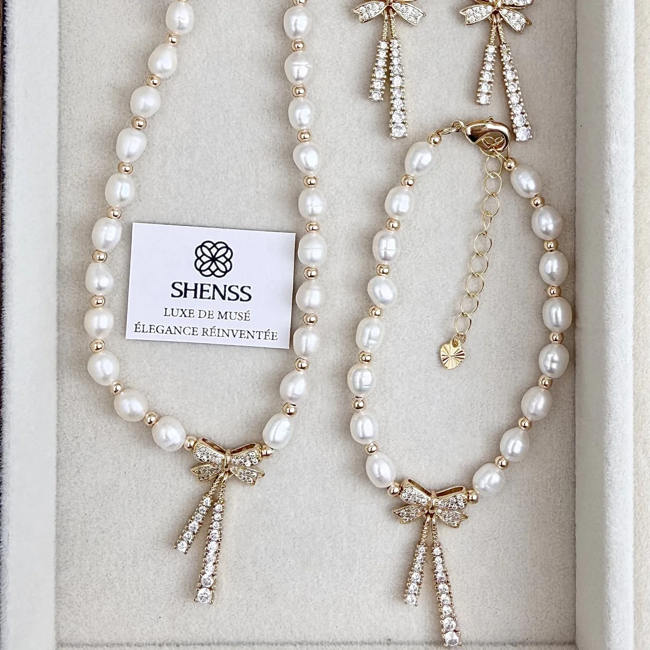 Natural Rice-Shaped Pearl Bowknot Necklace Bracelet Earrings Set Light Luxury Minimalist High-End Temperament Versatile Jewelry