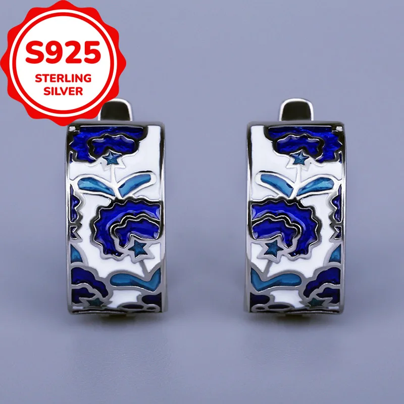 925 sterling silver temperament light luxury retro blue Chinese style earrings everyday versatile simple earrings