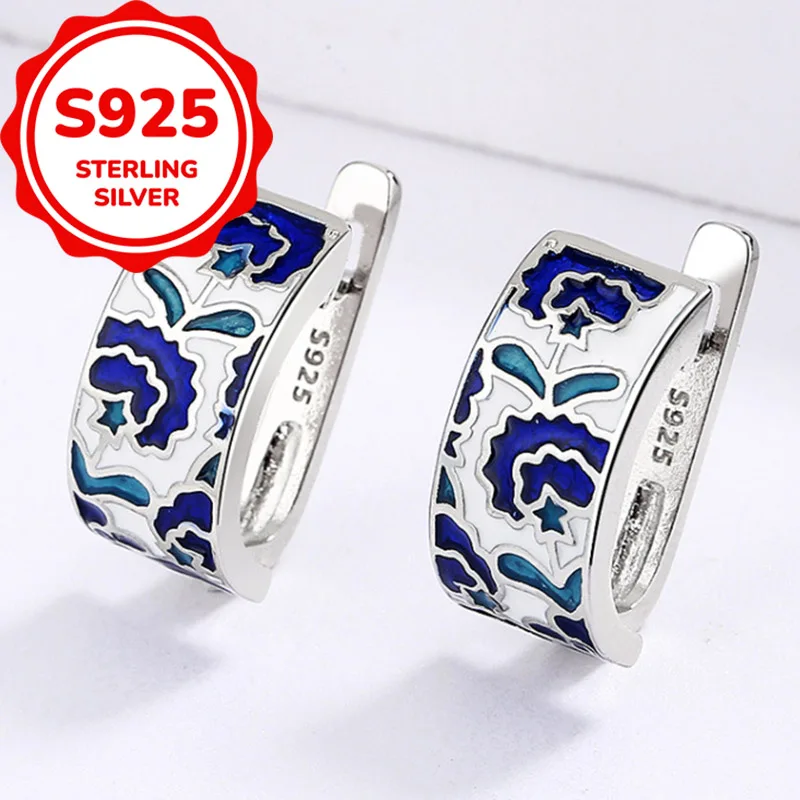 925 sterling silver temperament light luxury retro blue Chinese style earrings everyday versatile simple earrings