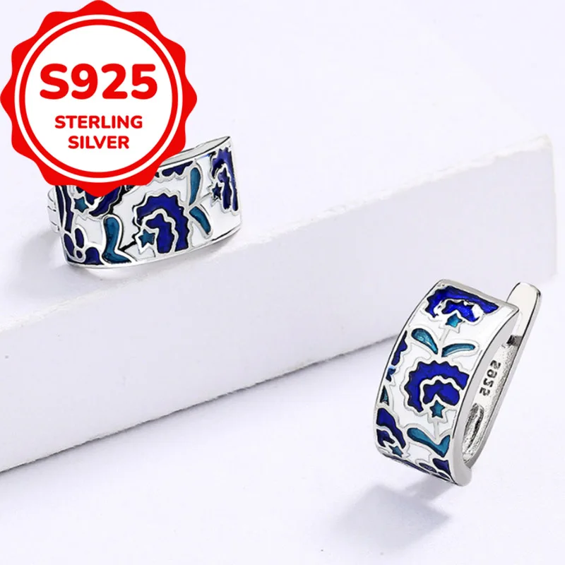 925 sterling silver temperament light luxury retro blue Chinese style earrings everyday versatile simple earrings