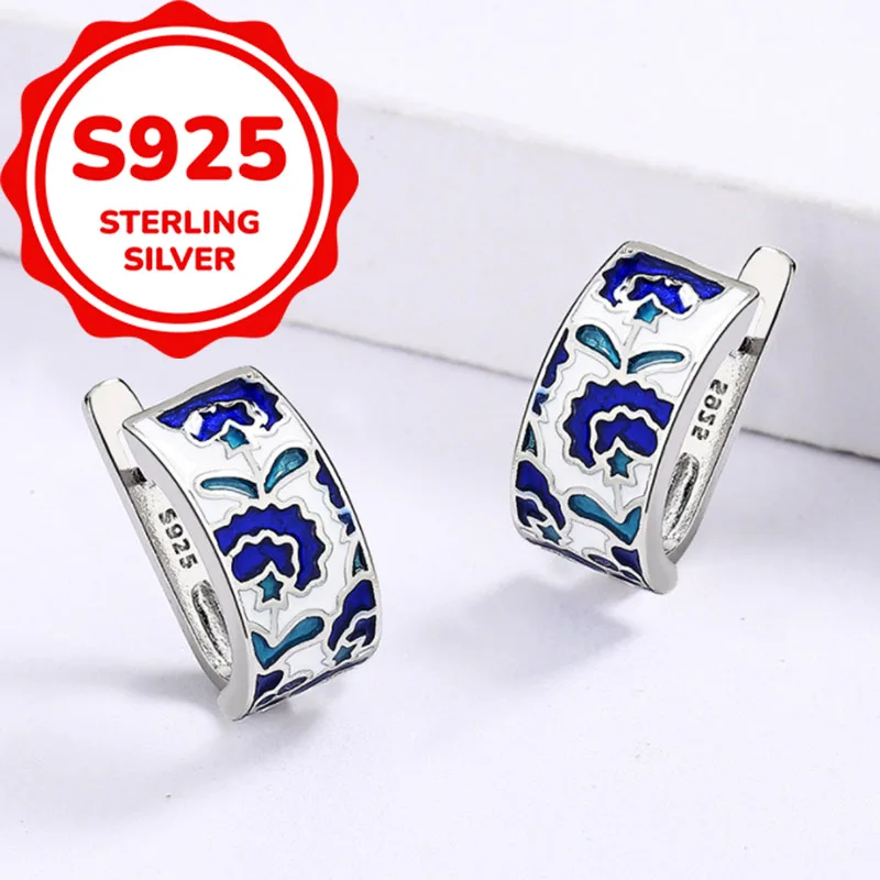 925 sterling silver temperament light luxury retro blue Chinese style earrings everyday versatile simple earrings