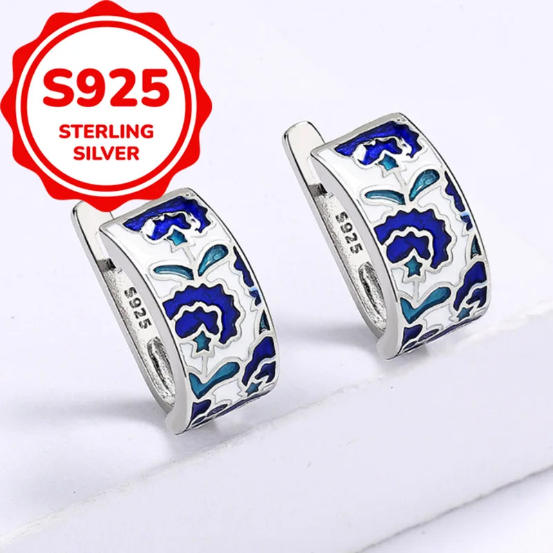 925 sterling silver temperament light luxury retro blue Chinese style earrings everyday versatile simple earrings