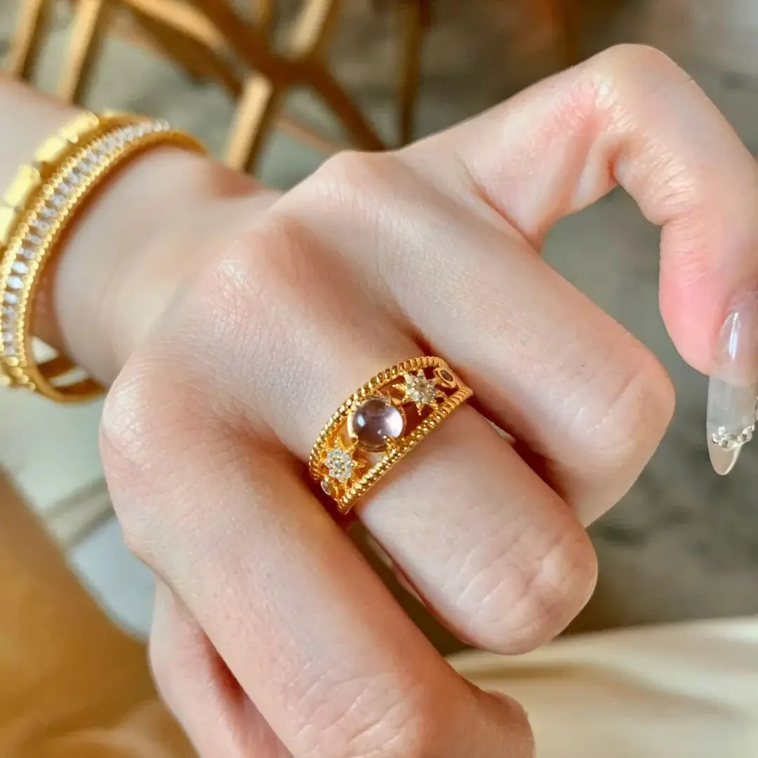 Temperament light luxury natural amethyst ring French retro diamond-set niche open women's ring