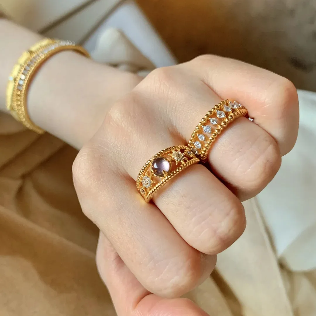 Temperament light luxury natural amethyst ring French retro diamond-set niche open women's ring