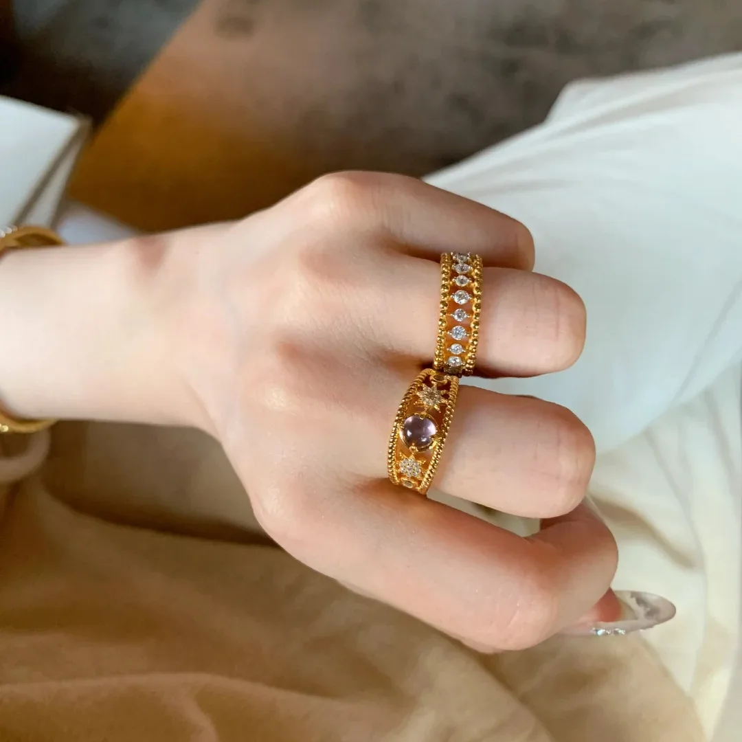 Temperament light luxury natural amethyst ring French retro diamond-set niche open women's ring