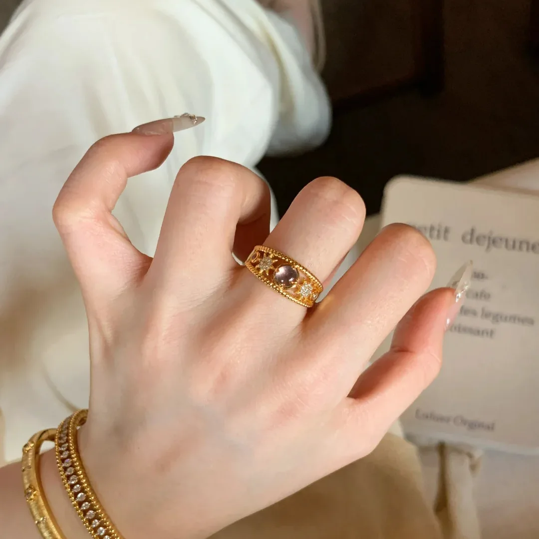 Temperament light luxury natural amethyst ring French retro diamond-set niche open women's ring