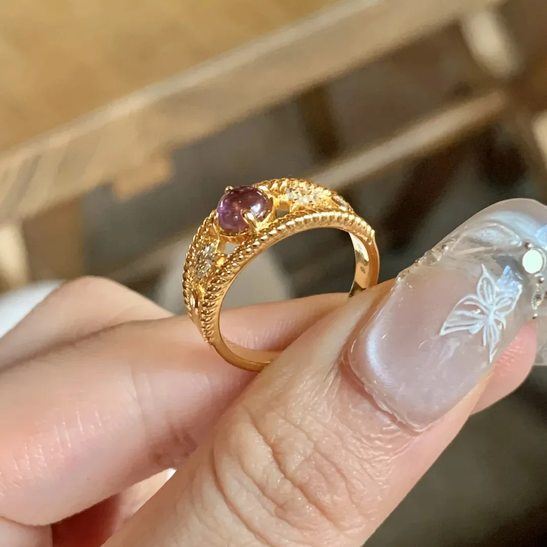 Temperament light luxury natural amethyst ring French retro diamond-set niche open women's ring