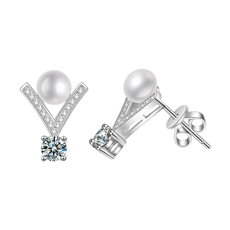 S925 pure silver V-shaped pearl earrings with moissanite temperament, light luxury, natural freshwater pearl earrings wholesale