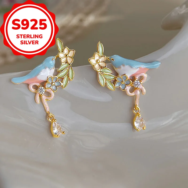 925 sterling silver temperament daily painted enamel synthetic zircon earrings sweet light luxury unique earrings