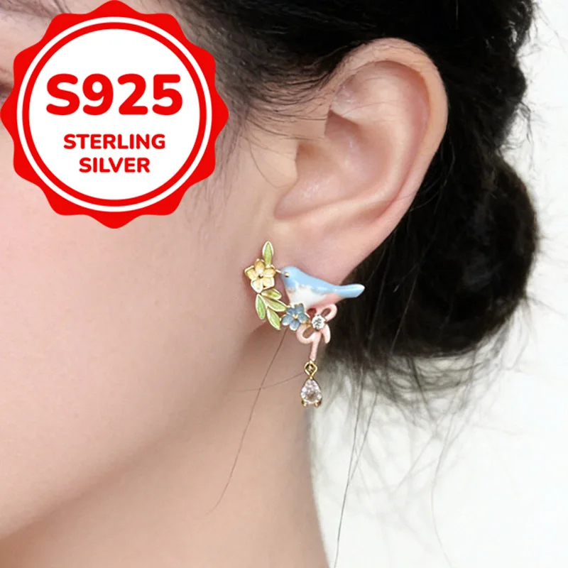 925 sterling silver temperament daily painted enamel synthetic zircon earrings sweet light luxury unique earrings