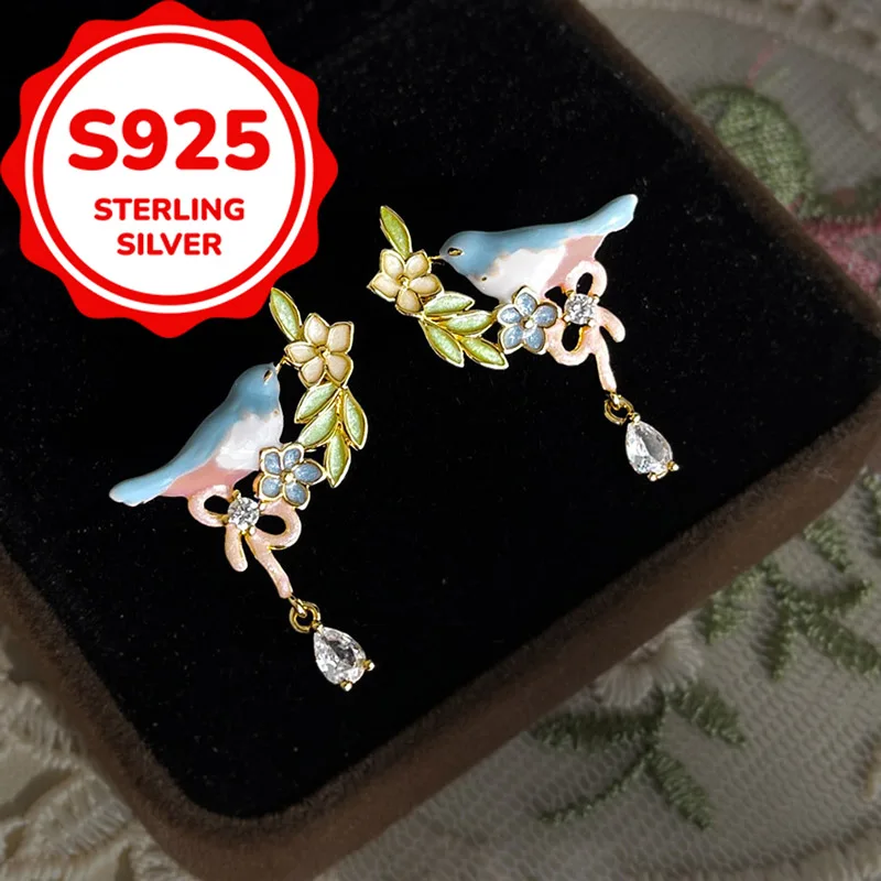 925 sterling silver temperament daily painted enamel synthetic zircon earrings sweet light luxury unique earrings