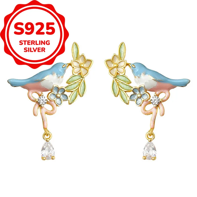 925 sterling silver temperament daily painted enamel synthetic zircon earrings sweet light luxury unique earrings