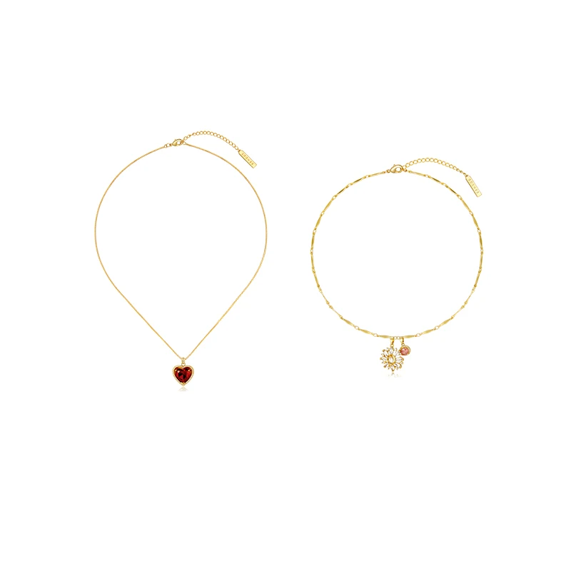 Brass With 18K Gold Red Rhinestone Zircon Heart Floral  Necklaces Women  Jewelry Punk Party Designer Club T Show Korea Japan