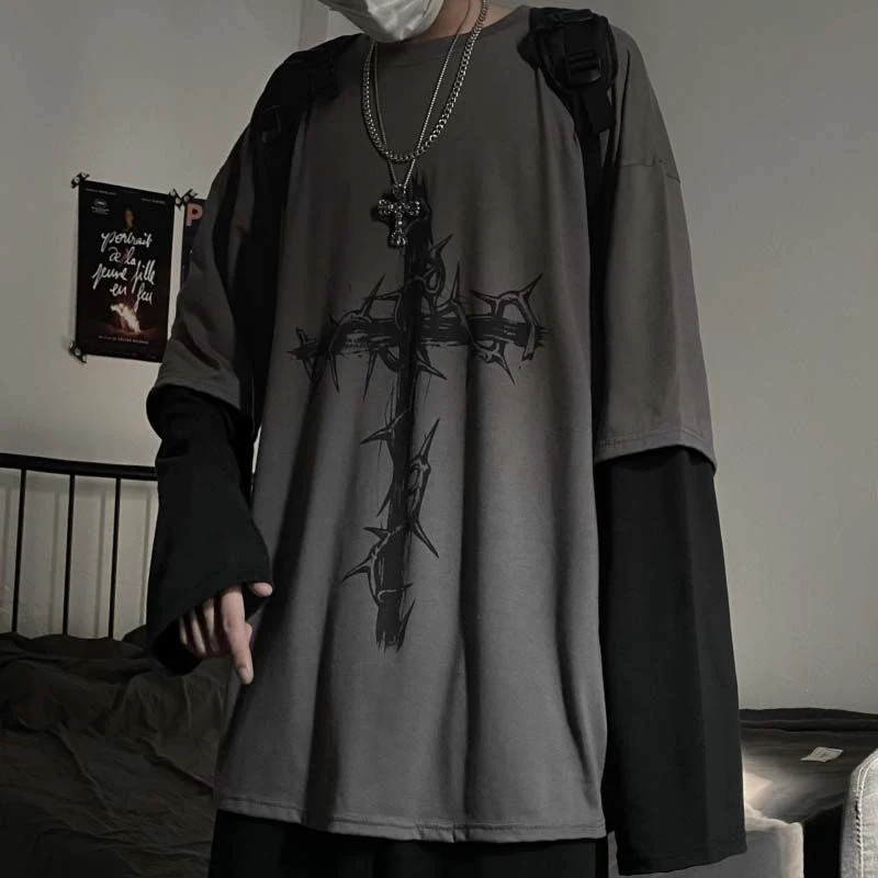 Grunge Clothes Women Long Sleeve Emo T-shirt Casual Harajuku Men Aesthetic Pray Goth Top Alt Street Fashion Tshirts Indie Punk