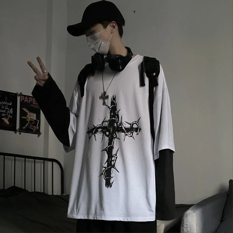 Grunge Clothes Women Long Sleeve Emo T-shirt Casual Harajuku Men Aesthetic Pray Goth Top Alt Street Fashion Tshirts Indie Punk