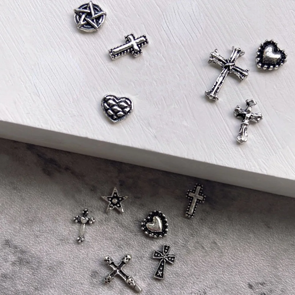 50pcs Mini Alloy Cross Nail Art Charm 3D Small Chrome Ancient Silver Heart Nail Decoration Jewelry Punk Design Nail Accessories
