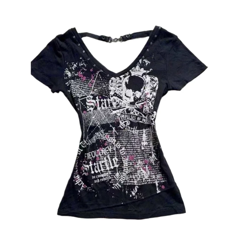 Vintage Punk Y2k Graphic T Shirt Girls V-neck Print T-shirt Women Backless Metal Button Short Sleeve Tops Goth Aesthetic Clothes