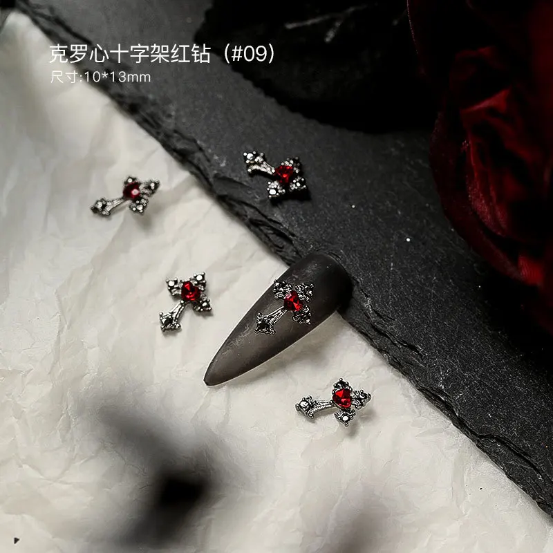 10Pcs Dark Color Punk Halloween Series Nail Accessories Cool Girl Nail Art Charms Retro Cross Bat SpiderDecoration Bulk Supply