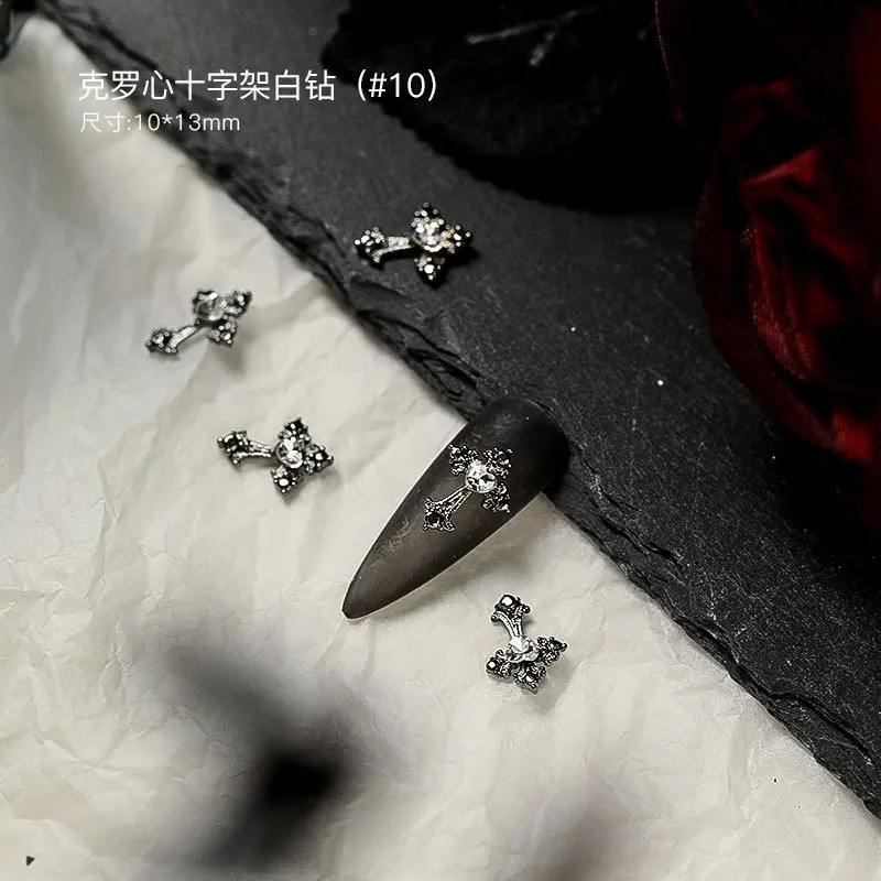 10Pcs Dark Color Punk Halloween Series Nail Accessories Cool Girl Nail Art Charms Retro Cross Bat SpiderDecoration Bulk Supply