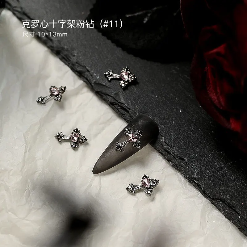 10Pcs Dark Color Punk Halloween Series Nail Accessories Cool Girl Nail Art Charms Retro Cross Bat SpiderDecoration Bulk Supply