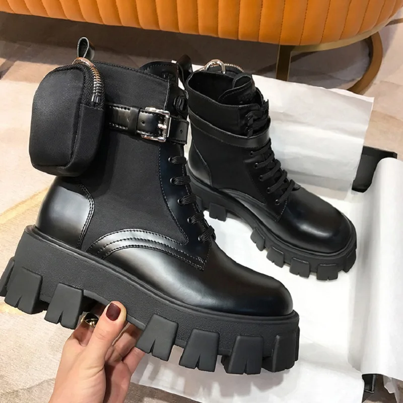 Women Black Punk Ankle Thick-soled Motorcycle Boots Fashion Lace-up Spring Thick Heel Belt Buckle Pocket Designer Chunky Shoes