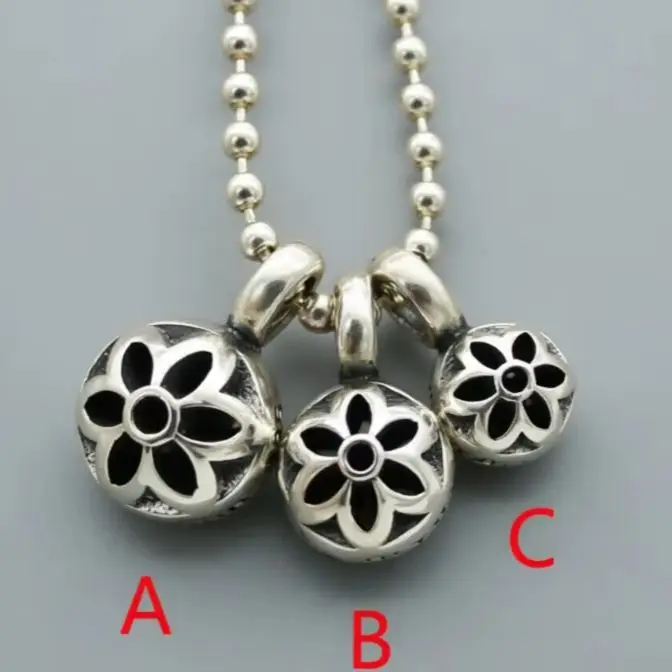 European and American trendsetters s925 pure silver design retro cherry blossom series round bead pendant women's necklace penda