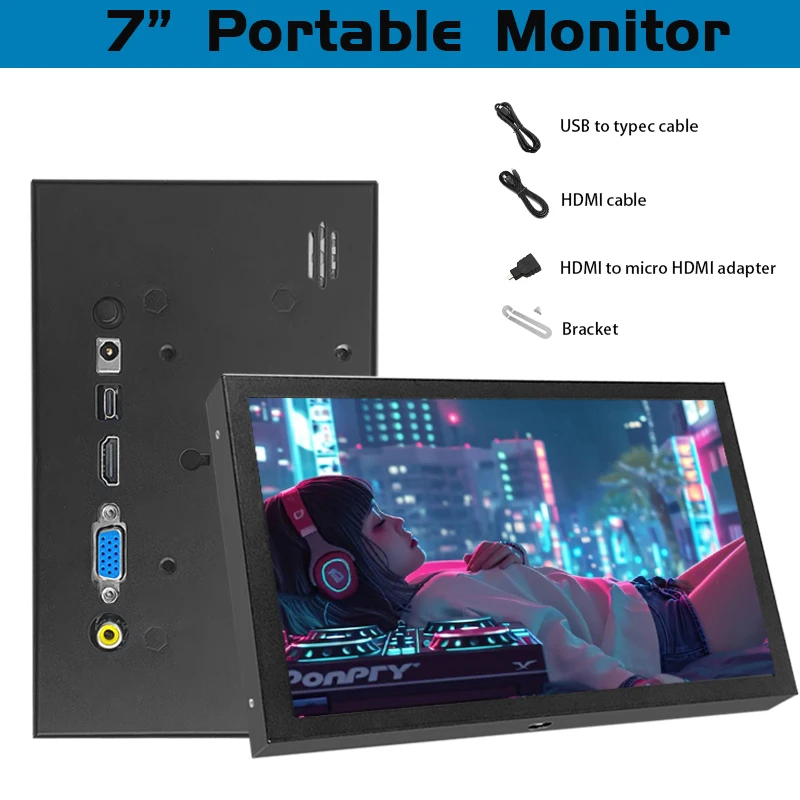 7-Inch Mini Monitor Portable HD/VGA Monitor with AV BNC 1024 × 600 LCD Screen IPS Small Display Screen for RPI/PC/TV/DVD/CVBS