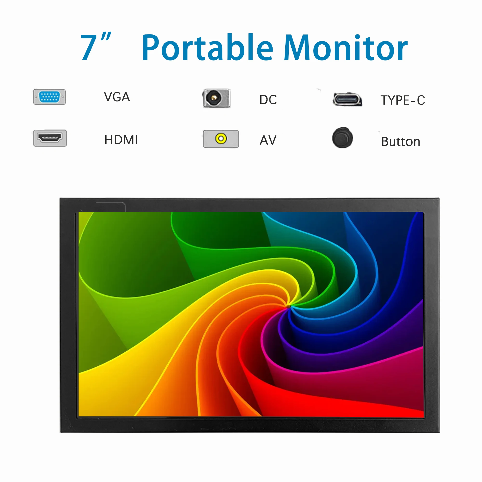 7-Inch Mini Monitor Portable HD/VGA Monitor with AV BNC 1024 × 600 LCD Screen IPS Small Display Screen for RPI/PC/TV/DVD/CVBS