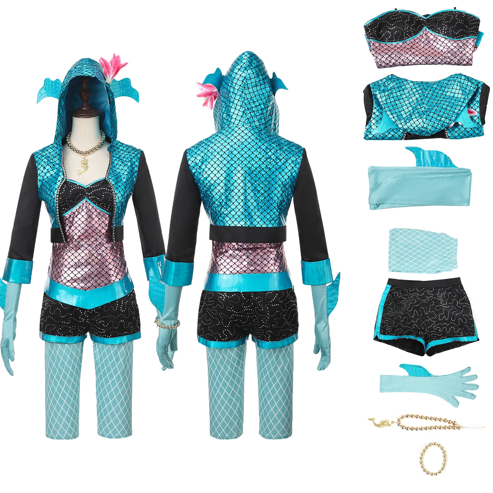 Blue Cosplay Costume Anime Mermaid Blue Hooded Coat Set Sea Monster Girl Fish Scale Uniform Set Halloween Carnival Party Outfit