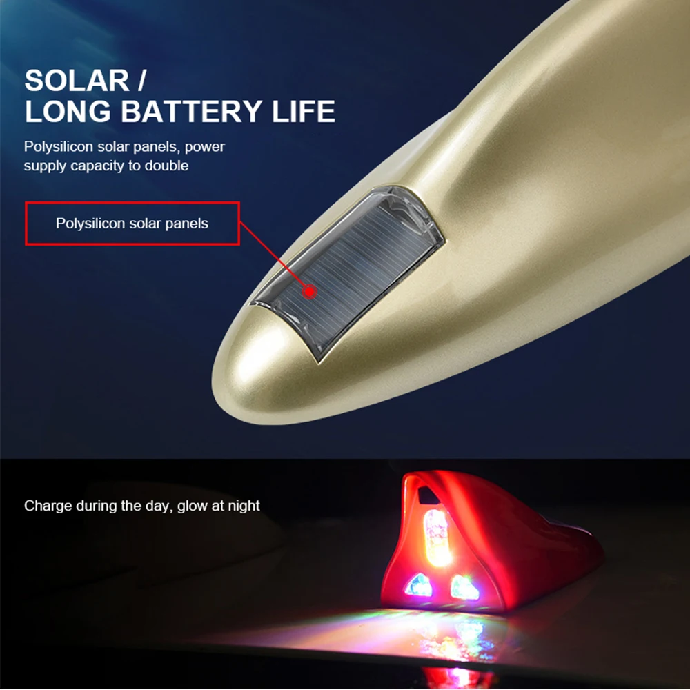 Solar Universal Shark Fin Antenna Light Car Warning Lights 5V LED Anti Collision Light Automobile Modeling Decorating Accessory