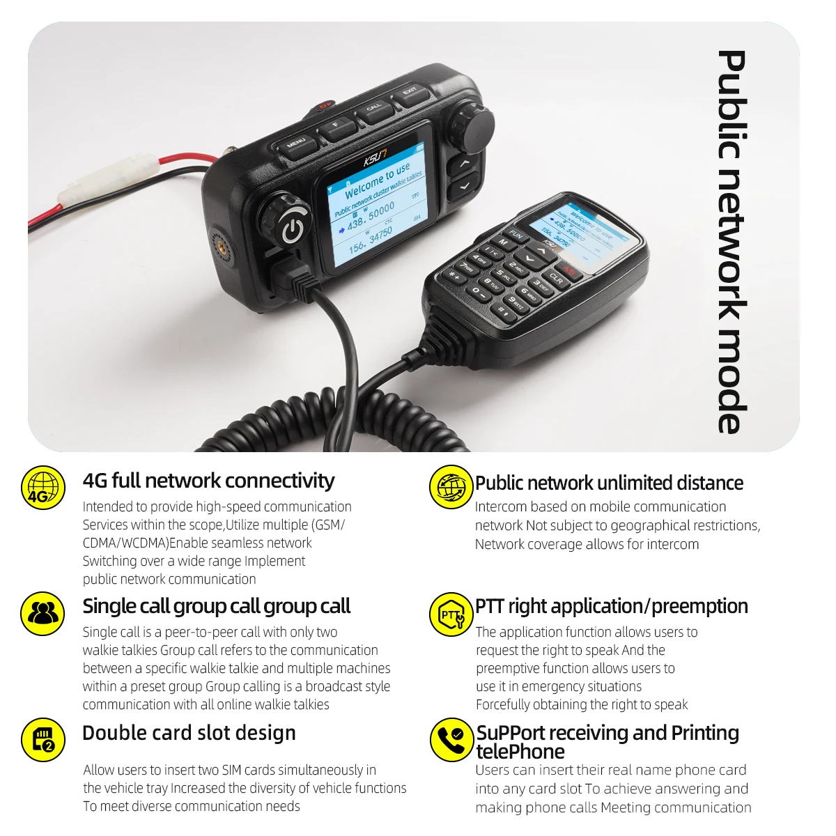 KSUN CT510 25W GPS Vehicle Radio Walkie Talkie VHF UHF Dual Band 4G POC Network Car Radio for Outdoor Self-driving