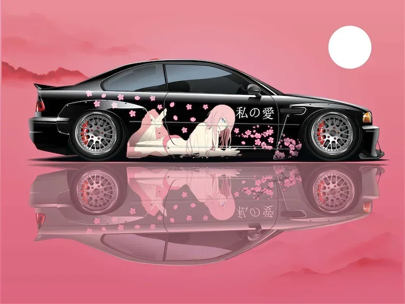 Japanese Anime Vehicle Livery Manga Theme Side Car Wrap Cast Vinyl Wrap Universal Size Pink Anime Car Sticker