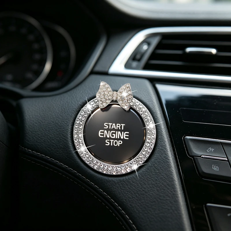 1PCS Universal Engine Start Stop Button Trim Sticker Crystal Rhinestone Butterfly Decorative Ring Car interior Accessories
