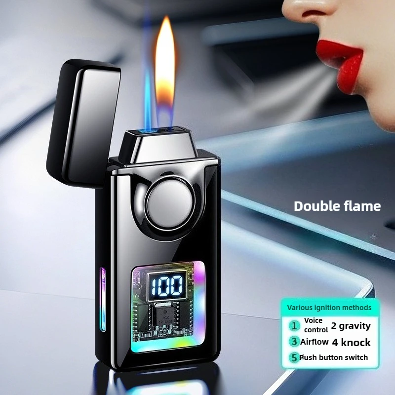 Voice Controlled Ignition Gas Lighter Color Light Battery Display Open Fire Switching Jet Fire Creative USB Electric Lighters