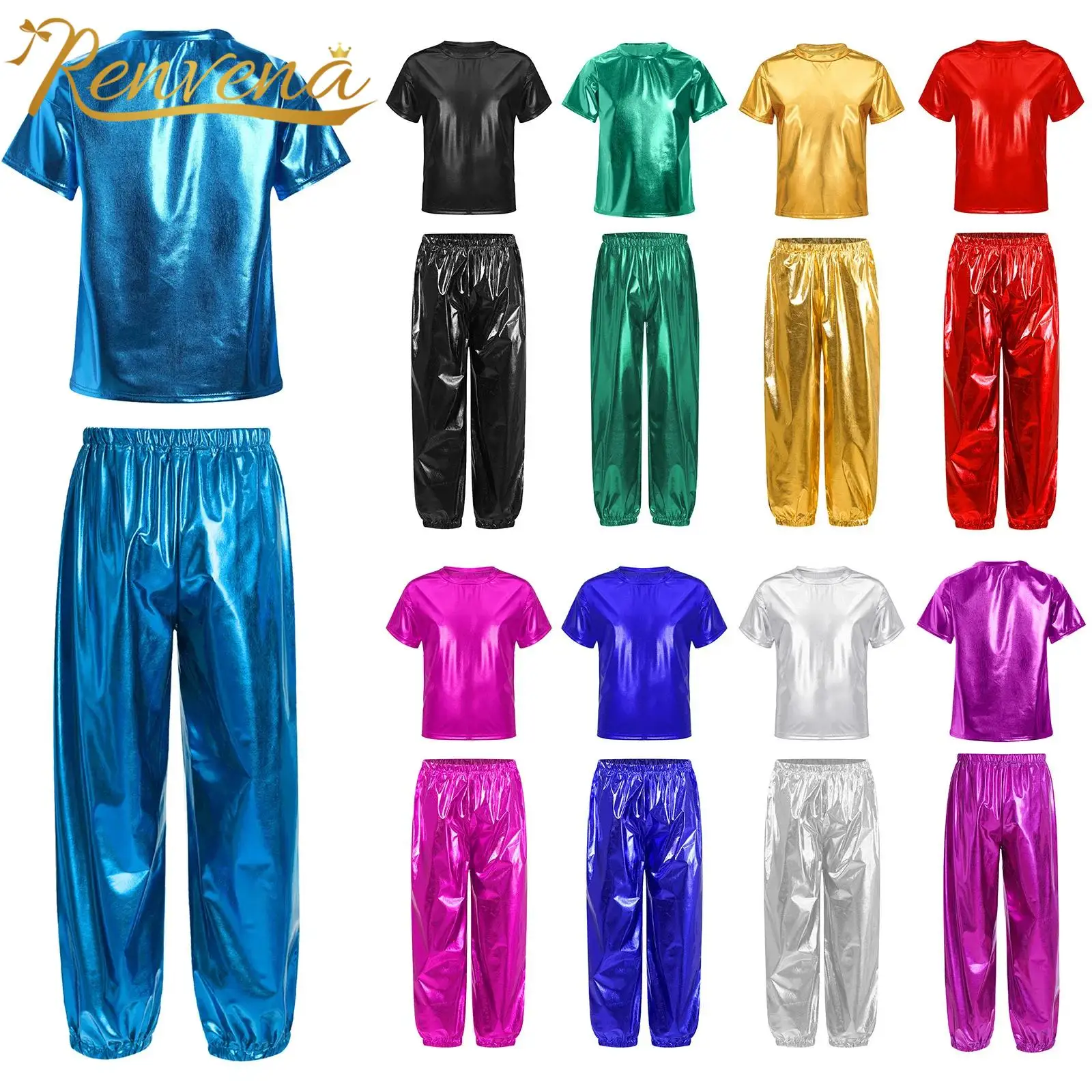 Teens Disco Outfit Girls Boys Jazz Dance Party Costumes Children Shiny Sequins Dancewear Sets Hippie Festival Metallic Prom Suit