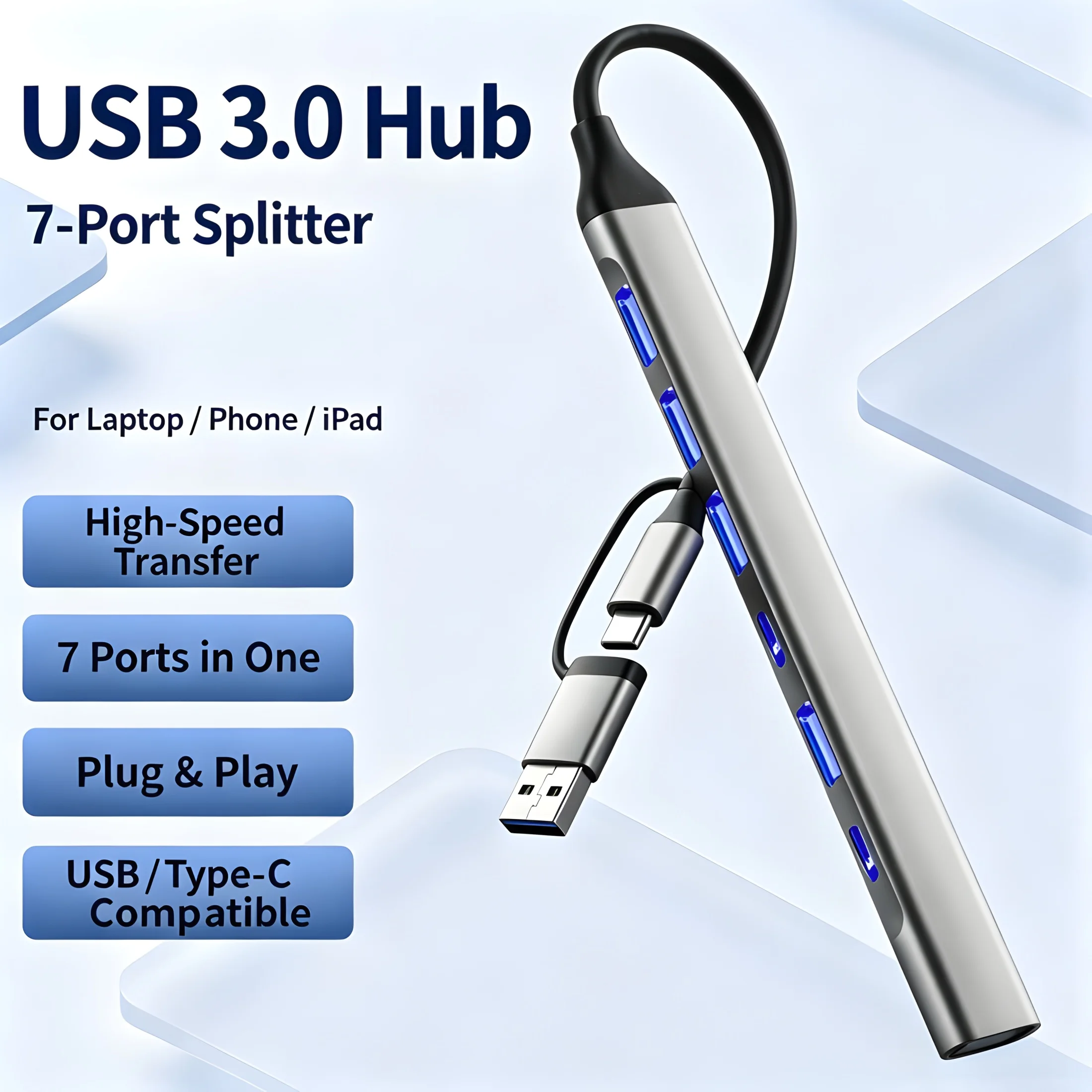 High-Speed USB 3.0 7-in-1 Multiport Adapter Hub with Type-C Dual Interface for Notebook Tablet Mobile Phone Data Transfer