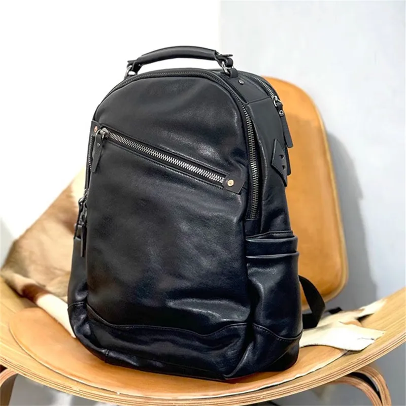 PNDME Casual High-Quality Genuine Leather Men Black Backpack Fashion Weekend Outdoor First Layer Cowhide Large-Capacity Bagpack