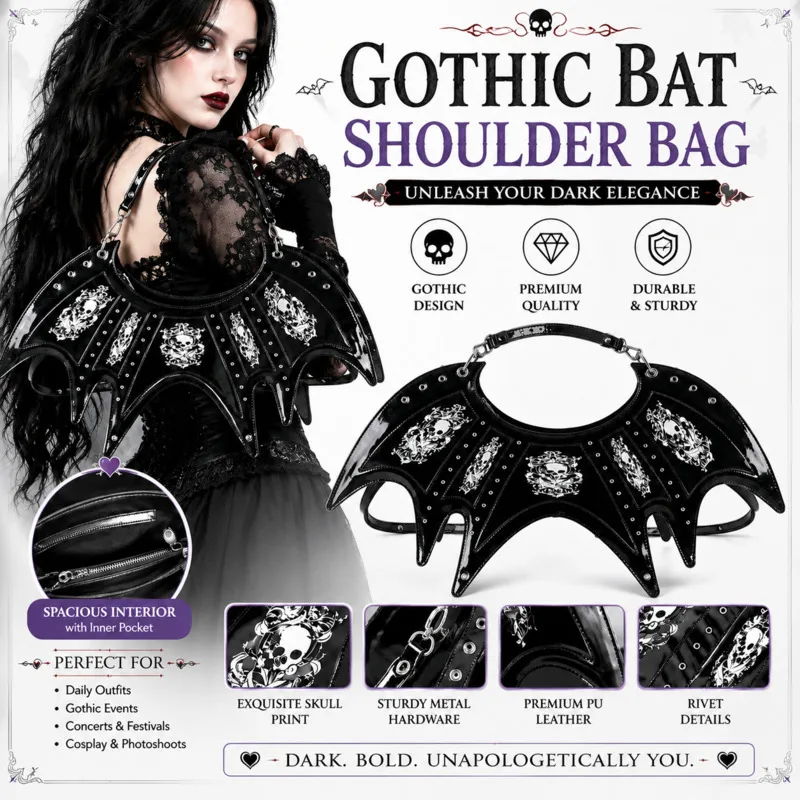 Gothic Bat Wing Bag Black Leather, Shoulder Handbag Crossbody Backpack Skull Rivet, Punk Cosplay Festival Tote Purse Accessories