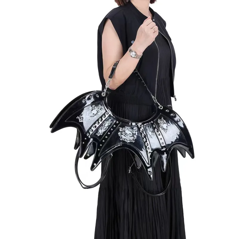 Gothic Bat Wing Bag Black Leather, Shoulder Handbag Crossbody Backpack Skull Rivet, Punk Cosplay Festival Tote Purse Accessories