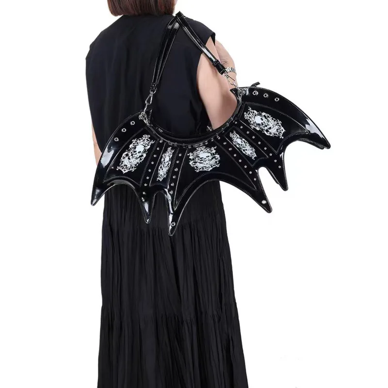 Gothic Bat Wing Bag Black Leather, Shoulder Handbag Crossbody Backpack Skull Rivet, Punk Cosplay Festival Tote Purse Accessories