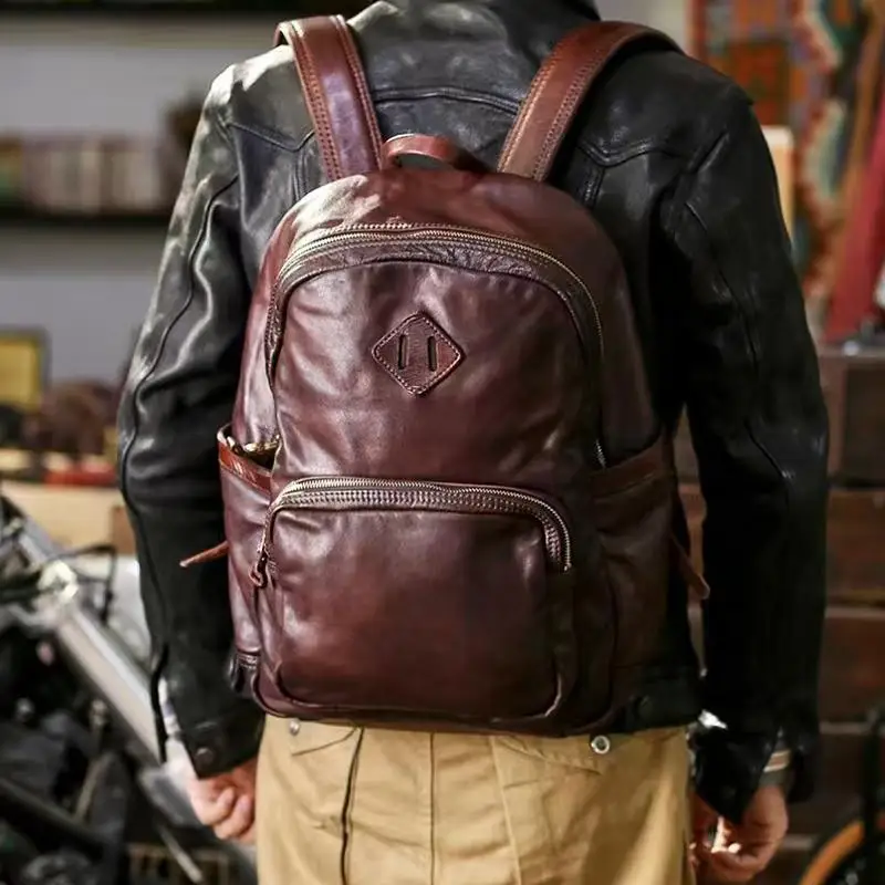 Fashion high-quality first layer cowhide men's women's backpacks outdoor travel luxury handmade genuine leather schoolbags