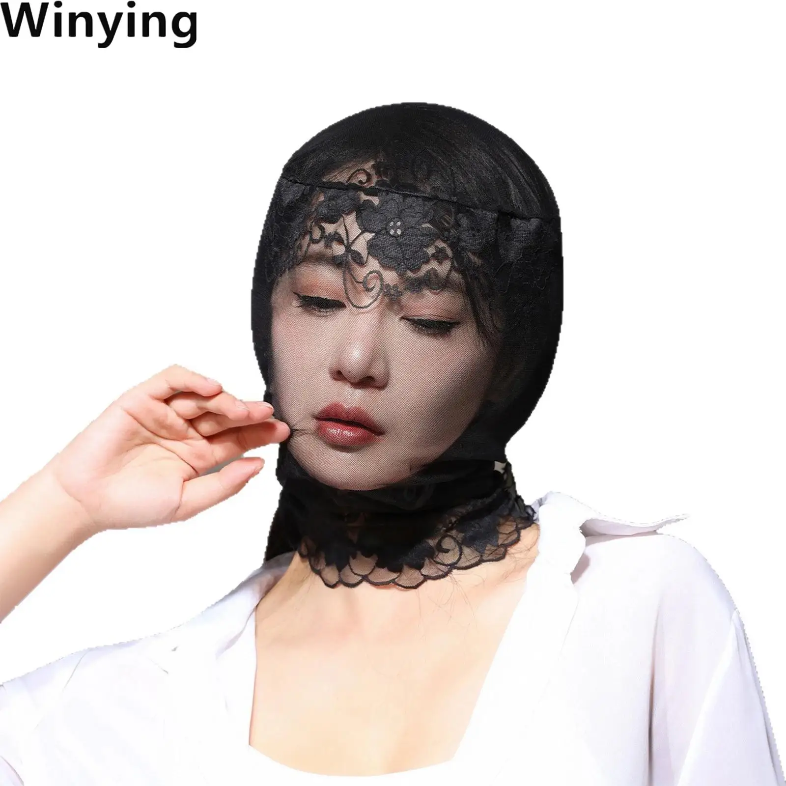 Unisex Lace Full Face Mask Elastic Full-coverage See Through Hood Head Cover for Halloween Cosplay Diy