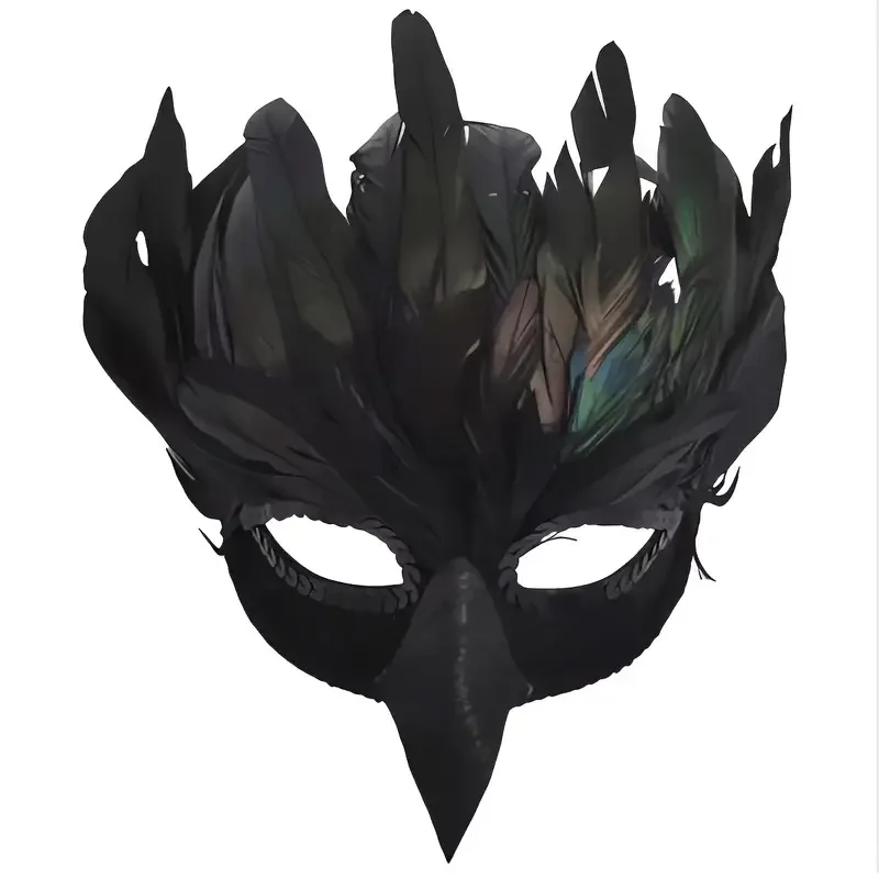 Black Feather Raven Half Face Mask Cosplay Animal Crow Bird Mouth Masks Halloween Carnival Dress Up Party Costume Props