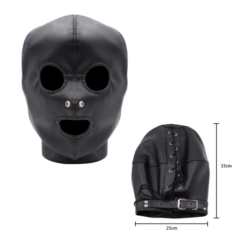 Sexy Exotic Accessories Unisex Leather Drawstring Fetish Eye Masks Full Face Hood for Women Men Cosplay Halloween Party Costumes