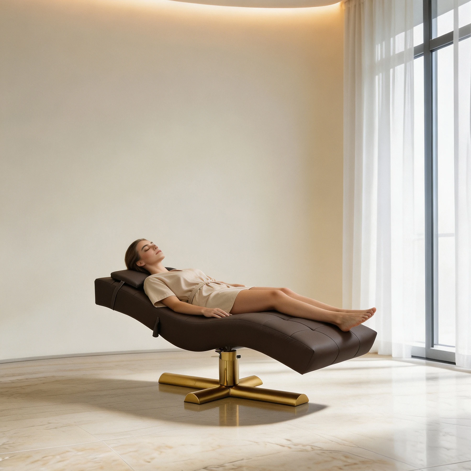 Luxury Curved Brown PU Leather Beauty Salon Chair Gold Metal Hydraulic Base Adjustable Reclining Esthetician Bed Lash Tattoo Fac
