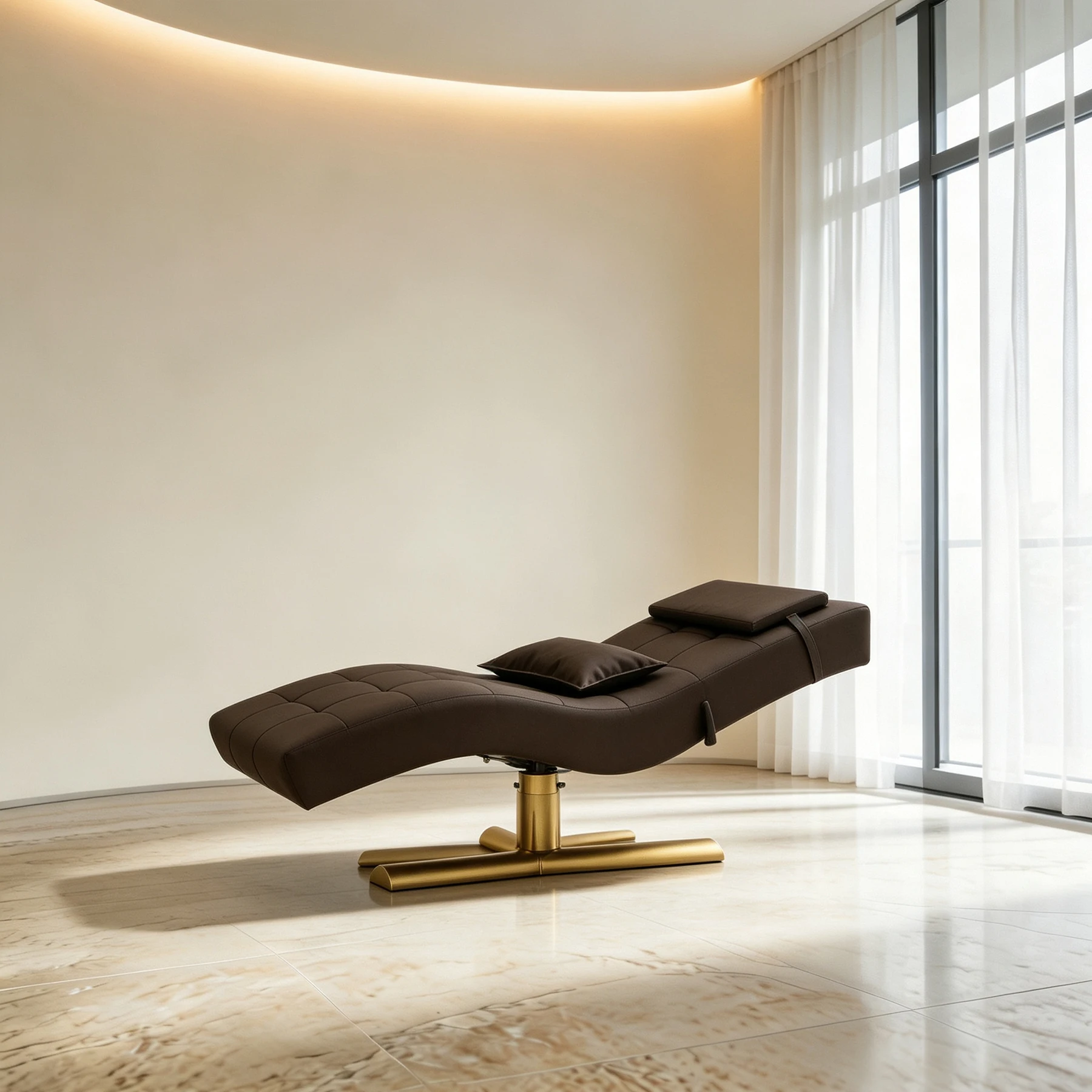 Luxury Curved Brown PU Leather Beauty Salon Chair Gold Metal Hydraulic Base Adjustable Reclining Esthetician Bed Lash Tattoo Fac