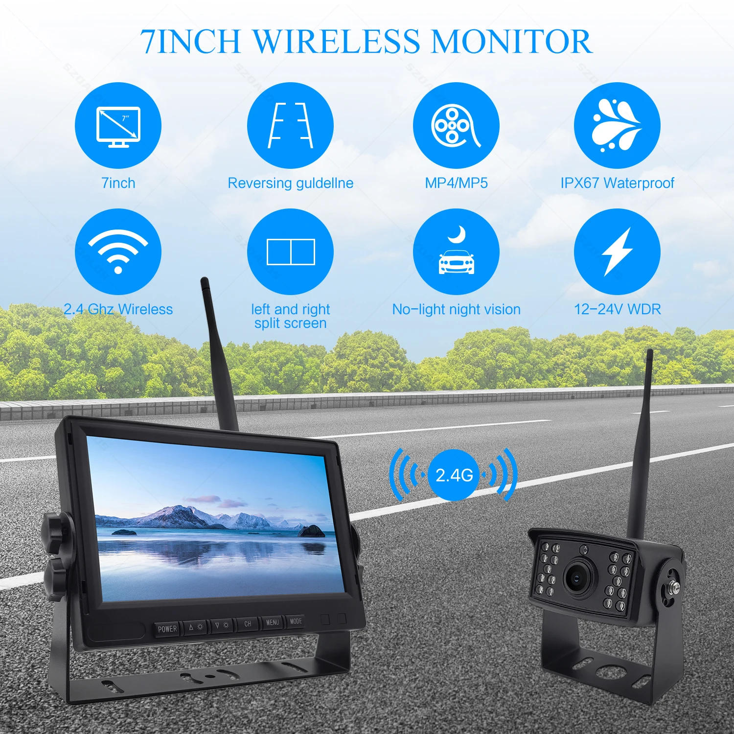7 Inch Wireless  U Bracket Car  1080P Wireless Rear View System DVR 2.4G Digital Wireless Backup