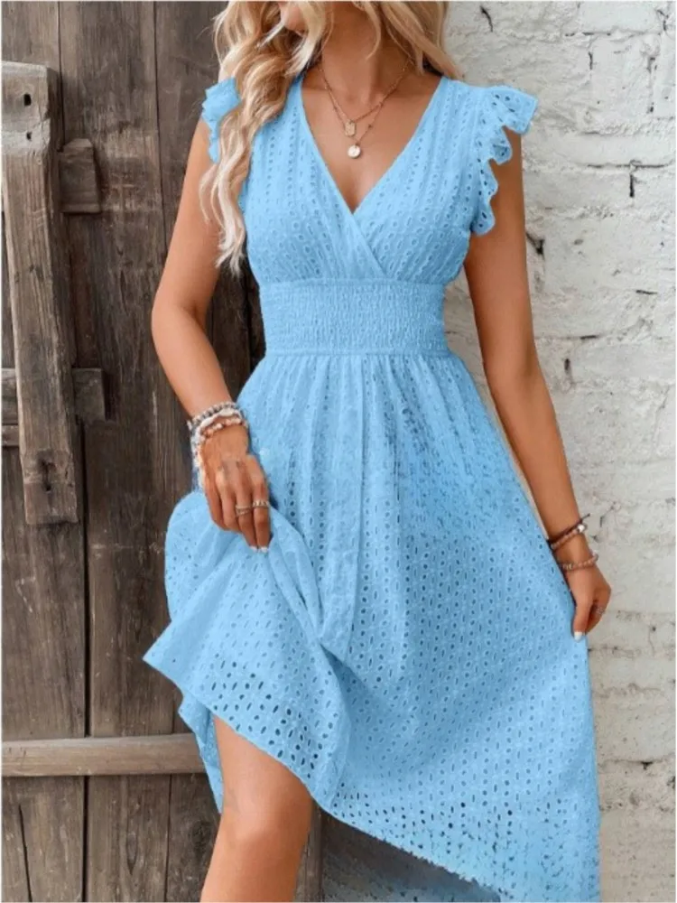 2025 New Women's Lace Dress Hollow Small Holes Cutout Slimming Fashion V Neck Airholes Dress Lace Sleeves Dresses Summer Woman
